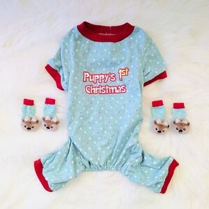Puppy PJs 1st Christmas with Socks Medium Blue Red Dog Set